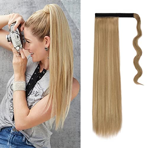 Cybelleza Clip in Pferdeschwanz Extensions Haarverlängerung Haarteil wie Echthaar Zopf günstig Ponytail Glatt Haarverdichtung Lang Gewickelt Hitzebeständig (Sandy Blonde&Gebleichtes Blond)