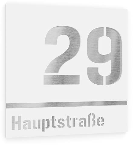Números Casa Exterior Personalizables Placa de Acero Inoxidable Color Blanco Resistente a la Intemperie Para Puertas y Portales 380 x 380 mm [Made in Germany]