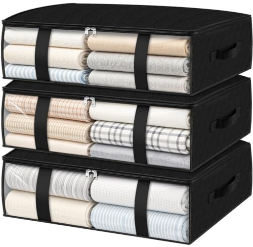 StorageRight Storage Bins Clothes Storage, Foldable Blanket Storage Bags, Under Bed Storage Containers for Organizing, Clothing, Bedroom, Comforter, Closet, Dorm, Quilts, Organizer, 3-Pack Black