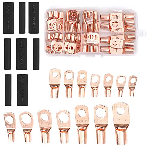 140 Stück AWG 4 6 8 10 Kupferkabelschuhe mit Schrumpfschlauch-Set, BOSOIRSOU 60 Stück Batteriekabel geschlossene Kabelschuhe Ringkabelschuhe Steckverbinder mit 80 Stück Schrumpfschlauch-Sortiment