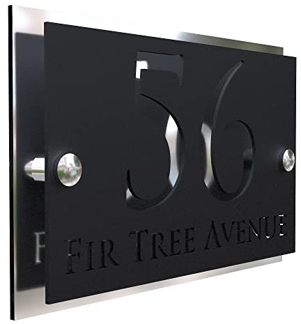 K Smart Sign | Simpatico | Modern laser Cut House Signs 3d effect door number address style sign plaques address numbers | 200mm x 130mm (Silver Mirror & Matt Black)