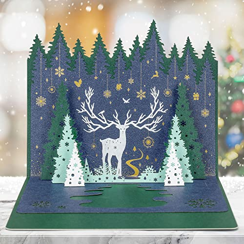 yumcute Pop Up Weihnachtskarte, 3D Weihnachtskarten, bestes Geschenk für Weihnachten, Umschlag enthalten, Chrismas Geschenkkarte, Elch im Wald