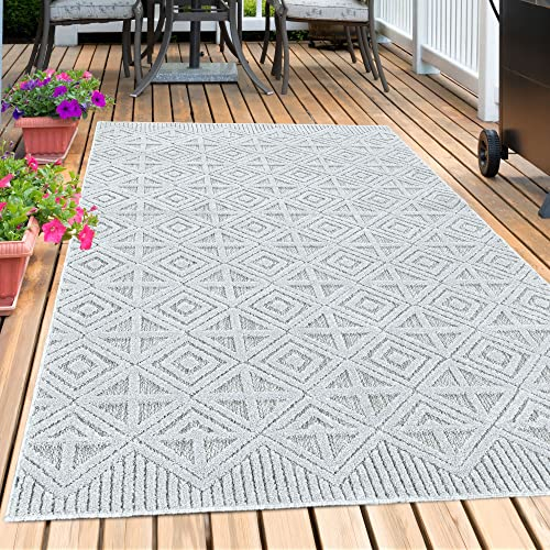 Carpetsale24 Outdoor Teppich Modern, Rauten Boho Muster Teppich 3D Optik, Rechteckig, Grau Farbe, Hoch-Tief Effekt, Wetterfest, für Balkon, Garten, Terasse, Küche, Größe: 120 x 170 cm