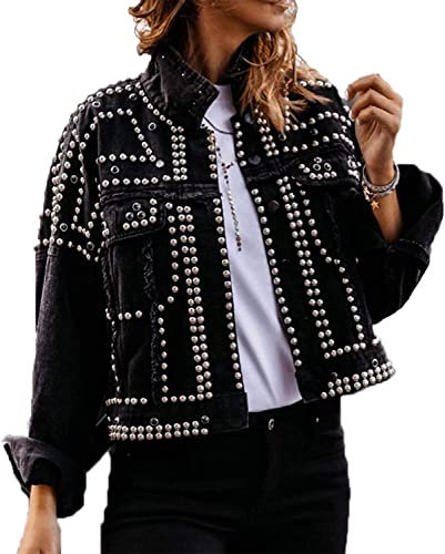 oytto Jeansjacke Damen Punk Nieten Cool Nieten Motorradjacke Mode Outwear, Schwarz , 38