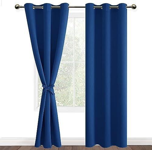 DWCN Vorhange Wohnzimmer Schlafzimmer Gardinen Blickdicht Vorhänge mit Ösen 2er Set, Verdunklungsvorhänge mit Vorhang-Krawatten, Königsblau, 228x117cm(HxB)