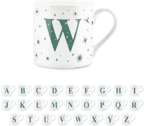 Purely Home Letter W Star Mug - Bone China White Coffee/Tea Present Gift - Alphabet Letter Mug with Stars in Teal Green Blue
