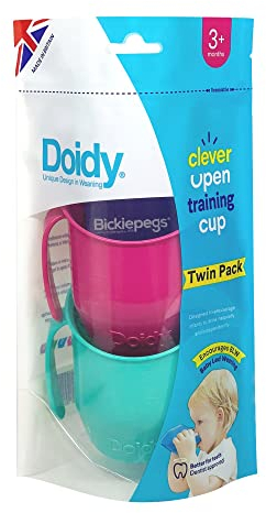 Doidy Cup Twin Pack - Training Sippy Cups for Toddlers Babies - Unique Slanted Design Two Handles Baby Beaker - Great Weaning Cup for Milk,Water - Use from 3-6 Months to Toddler (Cerise And Turquoise)