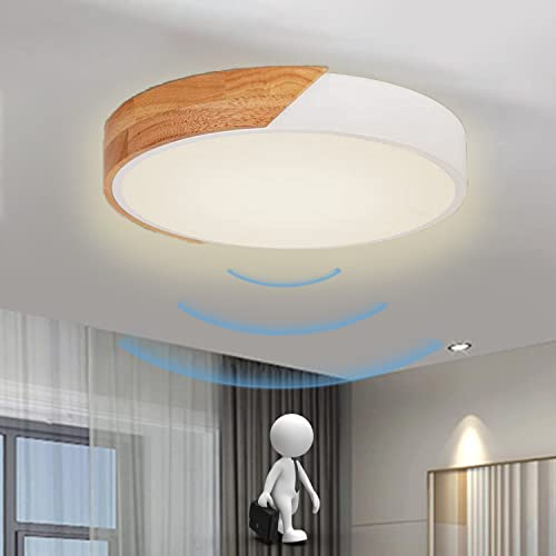LED Deckenleuchte mit Radar Bewegungsmelder Innen Holz Deckenlampe mit Bewegungssensor Runden Decke Lampe mit Sensor für Flur Korridor Treppe Bad Veranda Küche Garage, Neutralweiß 4000K (Weiß,30cm)