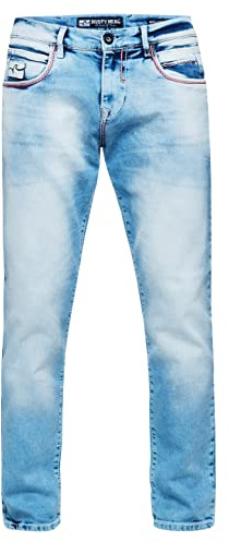 Rusty Neal Kontrastnaht Herren Jeanshose 'TOYAMA' Regular Fit Streetwear Herren-Jeans-Hose L32 Dicke-Naht-Hose Flex 236, Farbe:Light Blue Used, Größe Jeans L32:33W / 32L