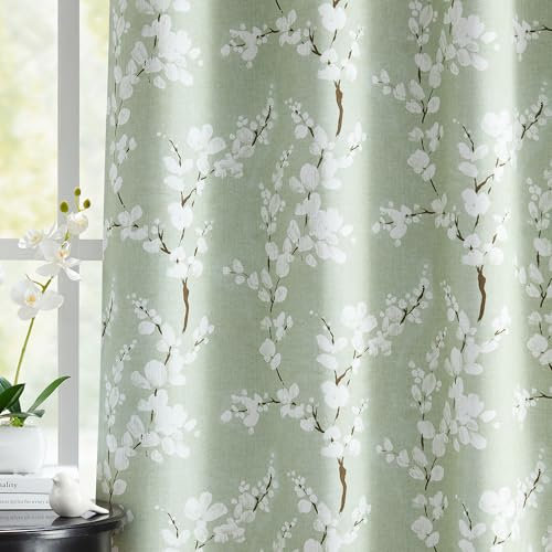 Fmfunctex Green Floral Blackout Curtains for Bedroom 54 inch Drop Eyelet Curtains for Living Room Nursary Blossom Thermal Insulated Window Curtain Panels 2 Panels White on Green