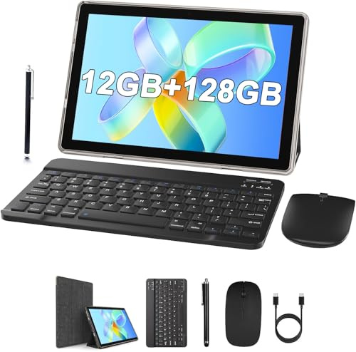 ZZB Tableta con teclado de 10 pulgadas, tablet 2 en 1, incluye funda de ratón, lápiz capacitivo de 12 GB + 128 GB, compatible con expansión de 1 TB, Android 13 Tableta, pantalla táctil HD de 10.1