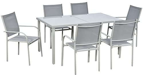 Outsunny 7 Piece Garden Dining Set, Outdoor Table and 6 Stackable Chairs, Steel Frame, Tempered Glass Top Table, Mesh Seats, Grey