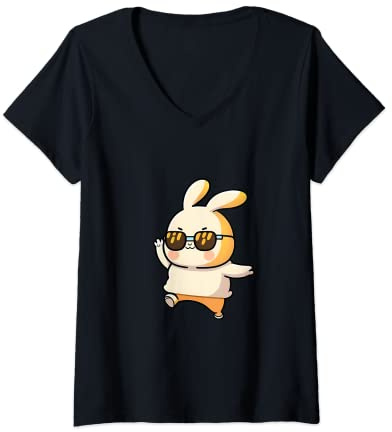 Damen Osterhase - Cooler Tanzender Hase mit Retro Sonnenbrille T-Shirt mit V-Ausschnitt