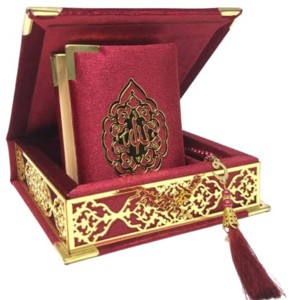 Prien Samt Koran Islam Tesbih Set, Islamische Geschenke für Eid Ramadan, Elegant Portabel Box, Muslim Wohnkultur Mit Frauen, Qur'an, Muslimische Gebetskette Für Moschee, Beten, Umrah (Burgund)