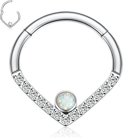 hengkaixuan Septum Clicker Ring 16G Daith Ohrring Chirurgenstahl Tropfen Nasenring Septum Schmuck Silber Conch Piercing Schmuck mit CZ Opal Nahtloser Clicker Ring Helix Knorpel Tragus Creolen 8mm