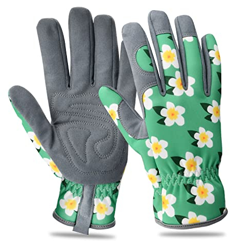 Drwosm Handschuhe Garten Arbeitshandschuhe Rutschfeste Schutzhandschuhe Handschuhe mit Blumenmuster Robuste Gartenhandschuhe aus Leder für Damen und Herren für Garten und Haushaltsaufgaben, Grün, M