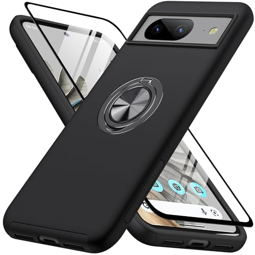 AOUIA für Google Pixel 8 Hülle mit 1 Stück Hartglas Schutzfolie,[Stoßfest][Kratzfest], Unsichtbarem Ringhalter Ständer, Stoßdämpfende Fallschutz Schutzhülle für Google Pixel 8 (Schwarz)