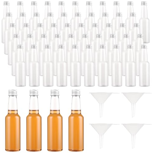 APACALI 50pcs Mini Bouteilles Plastique 100 ML, Mini Bouteille Alcool avec bouchons à vis et 5 Entonnoir, Bouteilles Miniatures Réutilisables pour remplir les liquides pour les mariages, les fêtes