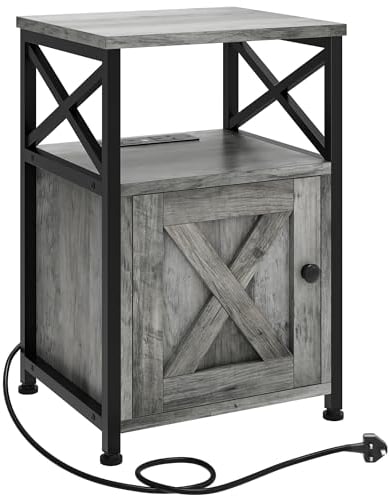 YITAHOME Side Table, Bedside Table with Storage Cabinet, X-Shaped Sofa End Table with Charging Station, 2 USB Ports & Power Outlets, Living Room Coffee Table, Metal Frame, Bedroom, Grey, 40x35x60cm