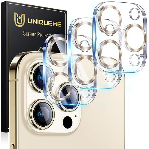 UniqueMe for 3 Pack iPhone 15 Pro/iPhone 15 Pro Max Camera Lens Protector, [Drop Protection] [Case Friendly] 9H Tempered Glass Camera Cover Screen [Update New Version] - Gold