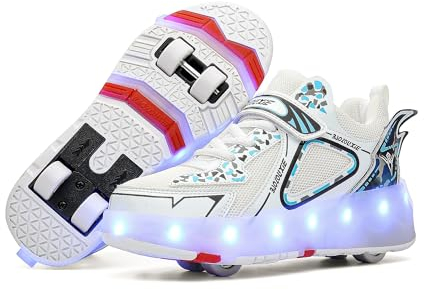 HUSKSWARE Rollschuhe Schuhe Jungen Mädchen Mit 4 Rollen Skateboardschuhe, verstellbar Jugend Schuhe mit Rollen, Weiß 35 EU