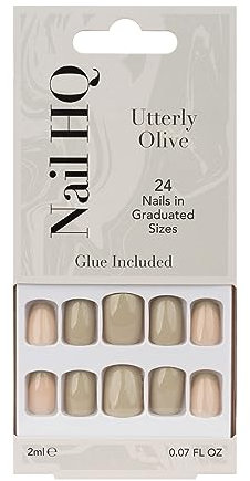 Nail HQ Press On Nails – Utterly Olive Square Nails, 24 Durable Glossy Finish False Nails for Salon-Quality Manicure at Home