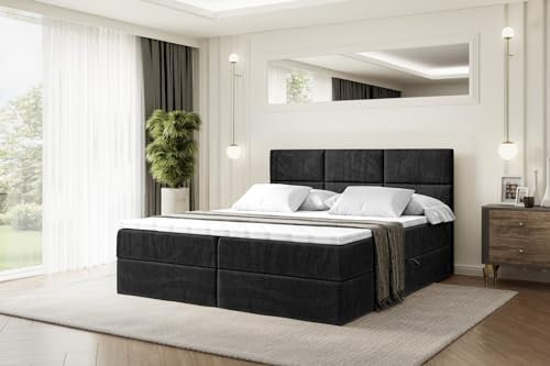 ALTDECOR Boxspringbett mit Matratze und Lattenrost, Boxbett, Topper, Polsterbett mit Bettkasten, Bett mit Stauraum H3-Matratze, Doppelbett, Springboxbett Ohio - 180x200 - Schwarz Samt