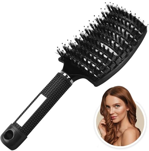 Xrten Brosse à cheveux anti-traction, poils de sanglier, pour boucles, cheveux naturels, femmes, hommes et enfants