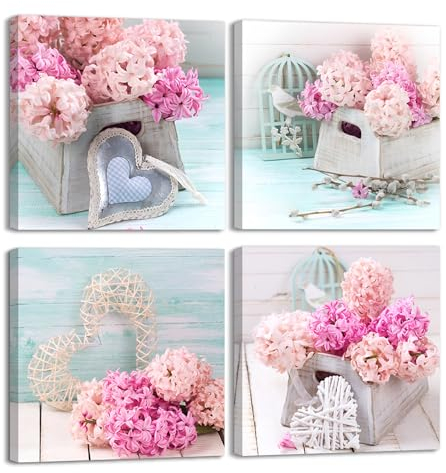 Piy Painting Lot de 4 Impression sur Toile Rose Décoration Murale 30x30 CM Motif de Coeur Romantique Tableaux Photo sur Toile avec Cadre Intérieur pour Décoration de la Maison Restaurant