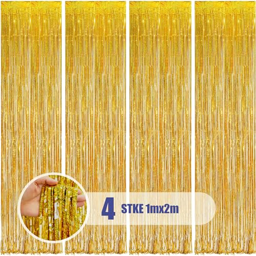 DEUXYU Lametta Vorhang Gold, 4 STK 1x2m Funkeln Metallische Lametta Vorhang, Folienfransen Vorhang zum deko Party, Geburtstage, Disco, Weihnachten, Party Lametta Vorhang