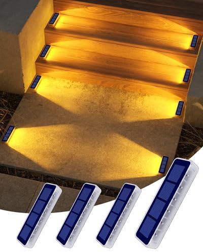 DetarZinLED Luces Solares LED Exterior Jardin, 4 uds Luces Solares Exterior Luz LED Escaleras Impermeable IP68, Blanco Cálido Luz Exteriores Solar para Escaleras, Jardin, Patios, Terraza, Valla, Deck