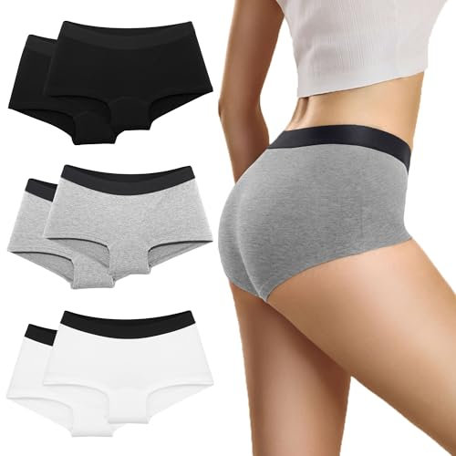 Desanlapi Boxershorts Damen Unterhosen Baumwolle Sportunterwäsche für Damen Pantys Hipster Hotpants Unterwäsche Frauen Boxershorts Weich Panties 6er Pack Schwarz Weiß Grau M