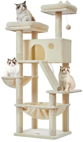 Taoqimiao Árvore Raspador para Gatos, 146cm Árvores de Atividades para Gatos com 1 Cuevas, Cesta, Hamaca, Postes, MS026M Beige
