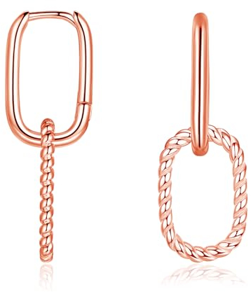 Loutade Convertible Link Earrings for Women, 925 Sterling Silver Paperclip Link Chain Earrings, Geometric Rose Gold Double Oval Drop Hoop Earrings, Hypoallergenic Simple Silver Sleeper Hoop Earrings