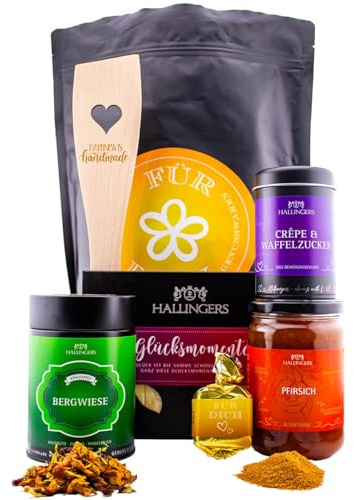 Hallingers Genuss Manufaktur Feinkost Valentinstagsgeschenk-Set - XXL-Wundertüte Für Dich großer Liebesgruß Konfitüre, Tee, Nougat, Gewürz, Schoki & Pfannenwender, Valentintstag für Frauen Männer