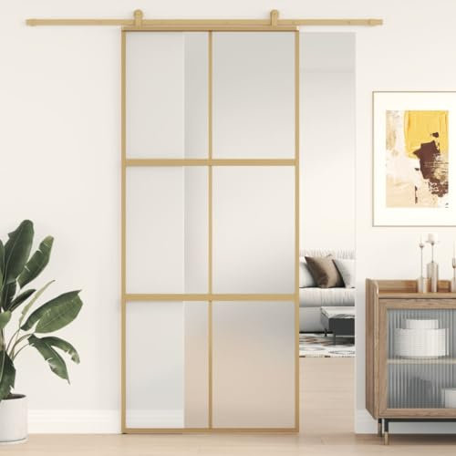 Rantry Puerta corrediza dorada de 90 x 205 cm, vidrio ESG esmerilado y aluminio, puerta corrediza de granero, puerta corredera para el hogar, material de construcción interior, tipo 7