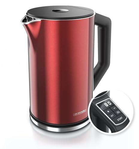 Arendo - Edelstahl Wasserkocher mit Temperatureinstellung 40-100 Grad in 5er Schritten - Doppelwand Design - Modell ELEGANT - 1,5 Liter - 2200 W - Teekocher mit Temperaturanzeige - GS - Rot