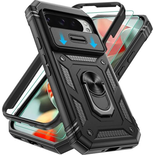 Pilaru 3 in 1 for Pixel 9 / 9 Pro Case | With Front Frame [Separate] 2 Screen Protectors & Kickstand Ring & Camera Cover Military Grade Drop Shockproof Protection for Google 9 / 9 Pro,Black