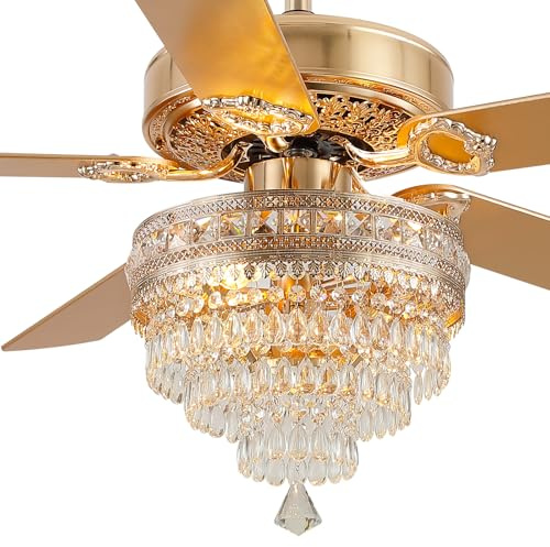 Ventilateur de plafond en verre avec lumières modernes Ventilateur extérieur de 132 cm avec télécommande, moteur silencieux à courant alternatif, rétro/ferme, salle à manger, salon (doré)