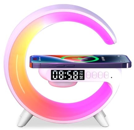 Les-Theresa Wireless Charger Lamp with Alarm Clock - Ambient Light and Bluetooth Speaker for Home Office Gifts (White)