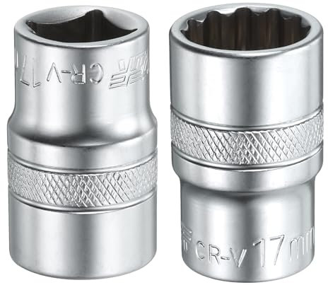sourcing map 2pcs 1/2 Drive by 17mm 12-Point Shallow Socket 38mm Length Metric Spline Socket
