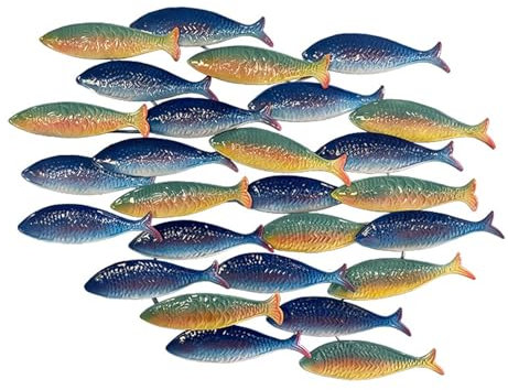 aweiyouxiang Wanddekoration „Fischschwarm, große Wandkunst aus Metall, 3D-Fisch-Wandskulptur bestehend aus 27 Meeresfischen, Wandbehang für das Wohnzimmer, dekorative Wandskulpturen