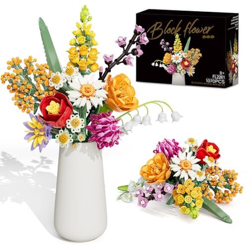 KOJAYHOL Set di Costruzione Fiori, 1070 PCS Fiori e Piante Set di Costruzioni, 10 Stili Kit di Modellismo di Piante Artificiali, Regali Set san Valentino/Compleanno/Festa della mamma, Vaso Non Incluso