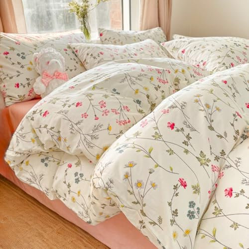 Nayoroom Bettwäsche 135x200 Baumwolle Blumen Rosa Blumenmuster Grün Blätter Blumig Bettbezug Set 2teilig Beige Floral Blumenwiese Aesthetic Deckenbezug Reißverschluss und Blümchen Kissenbezug 40x80