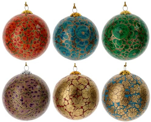 Luxusbox mit 6 farbigen Weihnachtskugeln aus Pappmaché, 80 mm