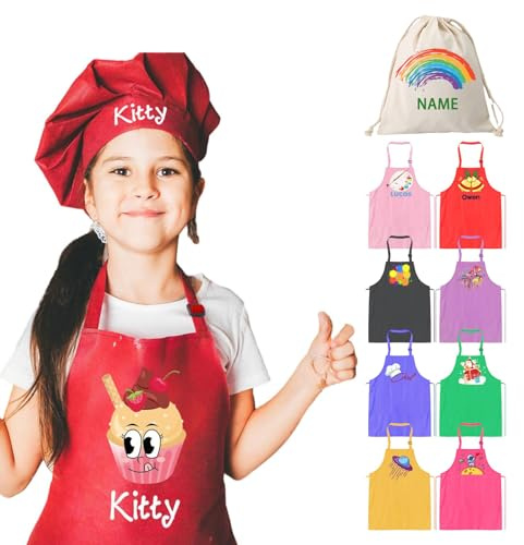 JJ GRADGOWN Personalisierte Schürze und Kochmütze, Set mit Namen, Individuelle Schürze und Kochmütze, Verstellbar, Kochen, Backen, Küche, Malerei, Geschenk