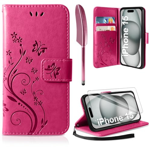 AROYI Lederhülle Kompatibel mit iPhone 15 Hülle und Schutzfolie, Flip Wallet Handyhülle PU Leder Case Kartensteckplätzen Schutzhülle Kompatibel mit iPhone 15 Rosenrot