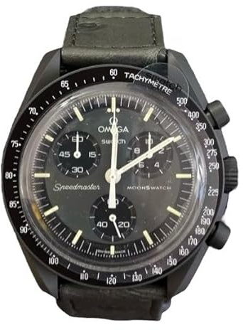 Swatch Moonswatch Omega X Mission to Mercury Straußleder Armbanduhr, Schwarz