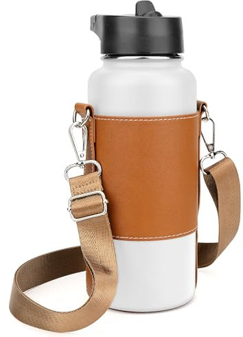 Linkidea Vegan Leather Water Bottle Carrier with Strap Compatible with Hydro Flask Wide Mouth 32oz, IRON FLASK, Waterbottle Sling Bag Holder with Shoulder Strap