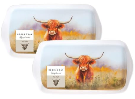 YöL Pack of 2 Highland Cow Tea Trays Design - Drinks Coffee Juice Carrier With Handles - Plastic Melamine - Breakfast Lunch Dinner Summer Dining Serving Watercolour Animal Print